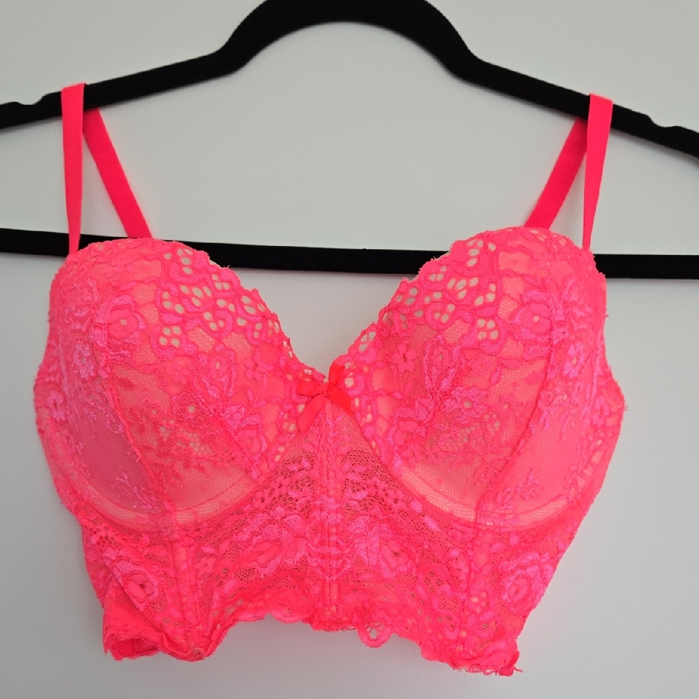Victoria's Secret Bright Pink Lace Bra/Bustier. Light Push Up 34D